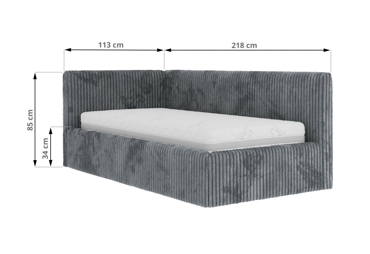 Łóżko młodzieżowe TILVO 90x200 - materac multipocket - szary, sztruks - strona prawa