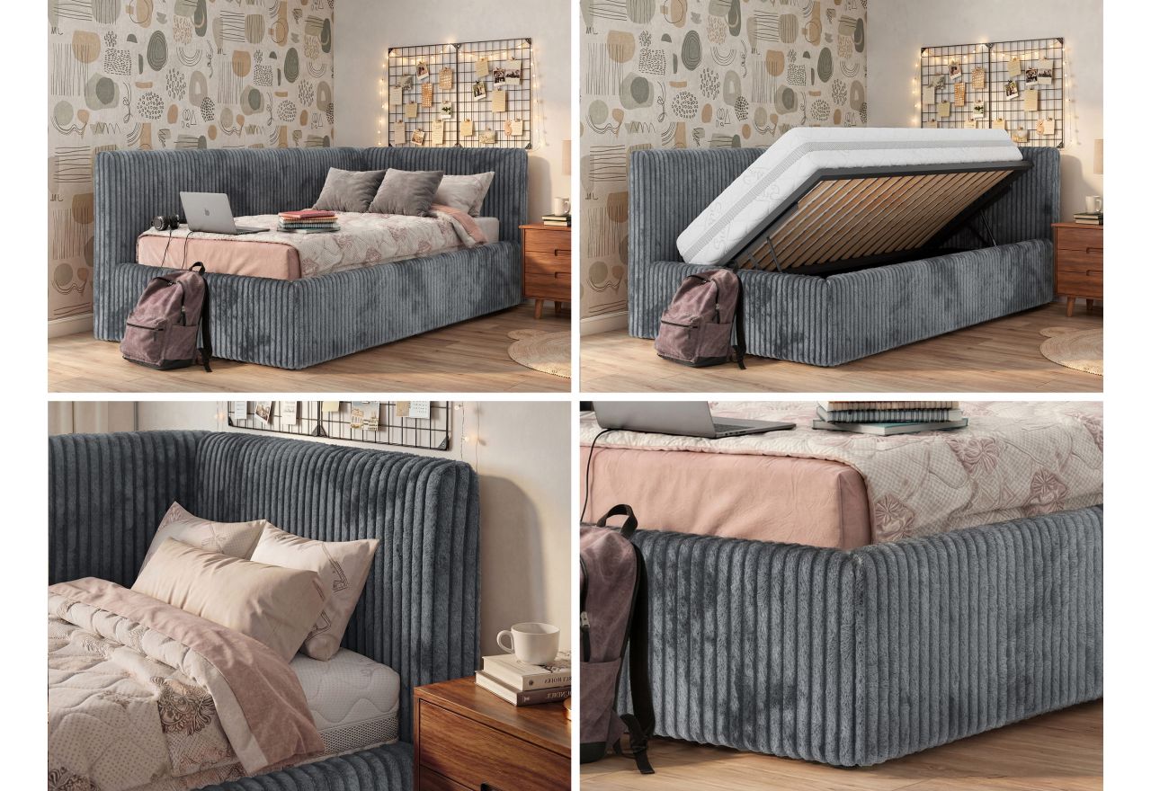 Łóżko młodzieżowe TILVO 90x200 - materac multipocket - szary, sztruks - strona prawa