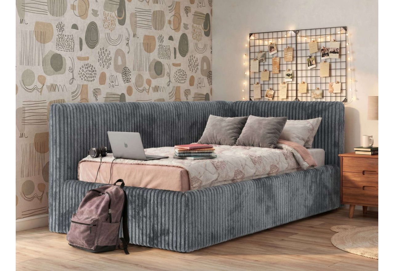 Łóżko młodzieżowe TILVO 90x200 - materac pocket - szary, sztruks - strona prawa