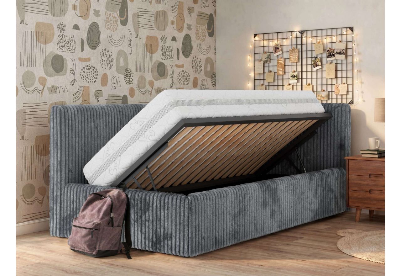 Łóżko młodzieżowe TILVO 90x200 - materac pocket - szary, sztruks - strona prawa
