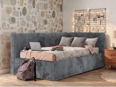 Łóżko młodzieżowe TILVO 90x200 - materac piankowy - szary, sztruks - strona prawa