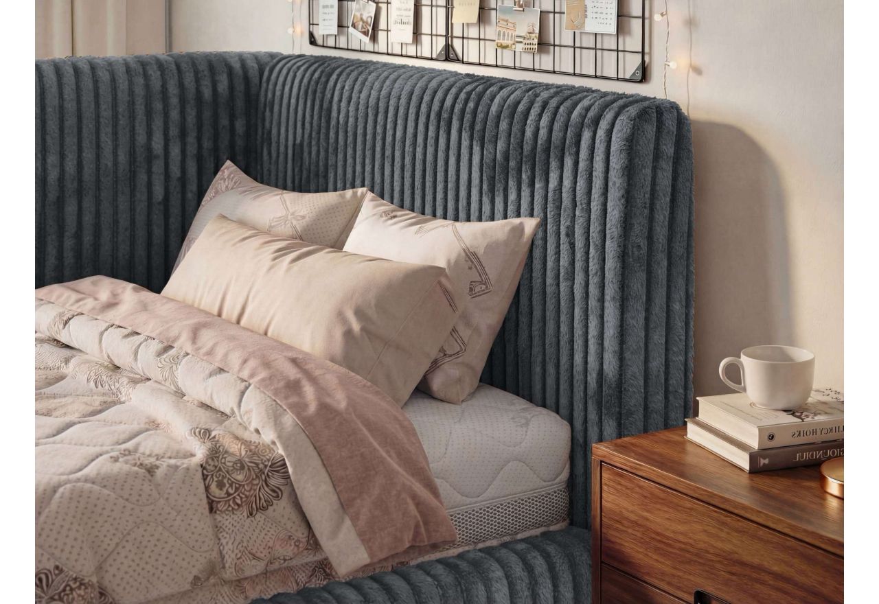 Łóżko młodzieżowe TILVO 90x200 - materac piankowy - szary, sztruks - strona prawa