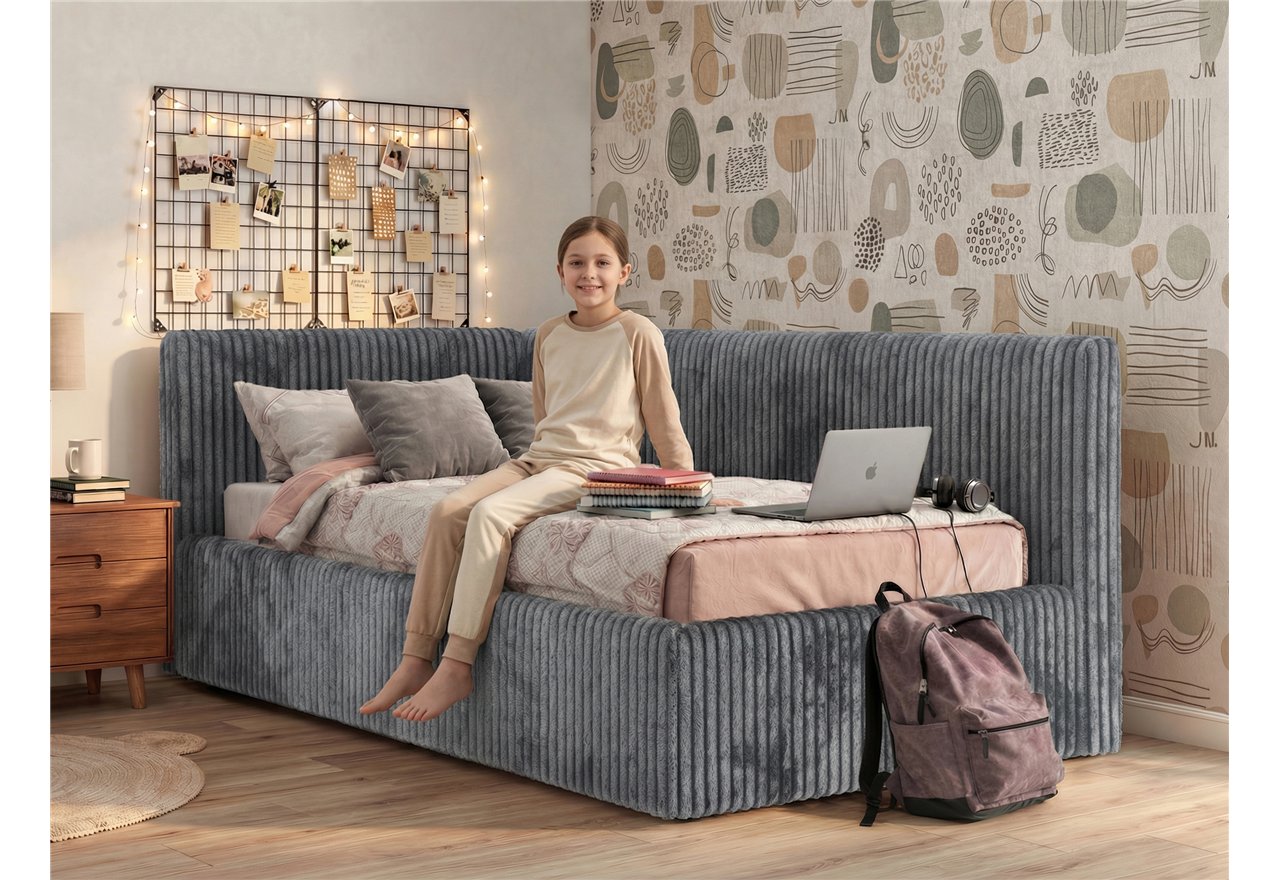 Łóżko młodzieżowe TILVO 90x200 - materac piankowy - beżowy, sztruks - strona lewa