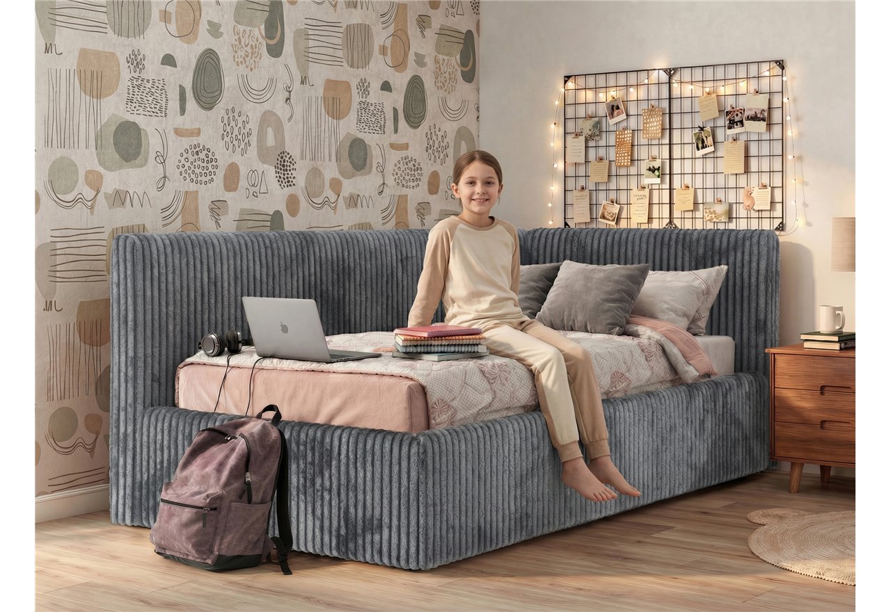 Łóżko młodzieżowe TILVO 90x200 - materac piankowy - jasnobrązowy, sztruks - strona prawa