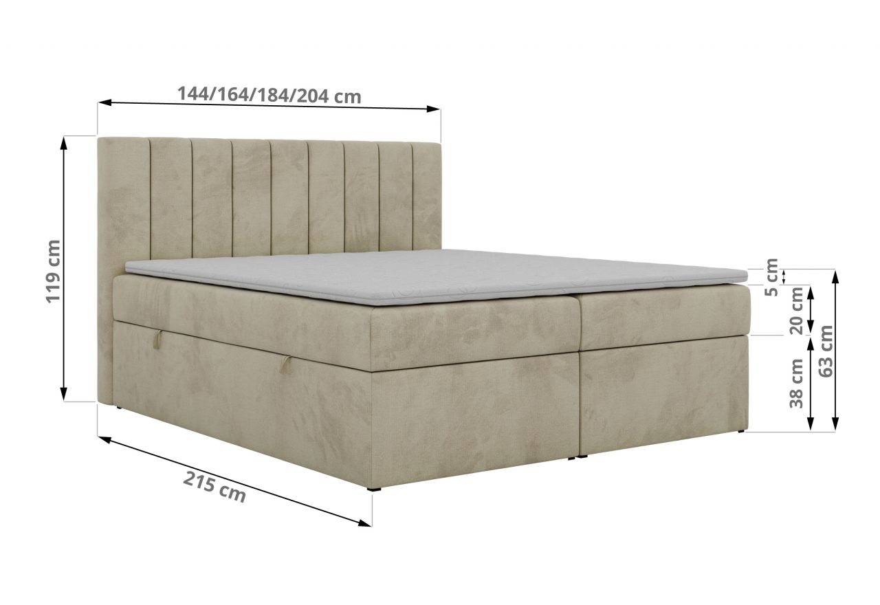 Łóżko kontynentalne ALVER 180x200 - H3 - beżowy, welwet - Topper T25