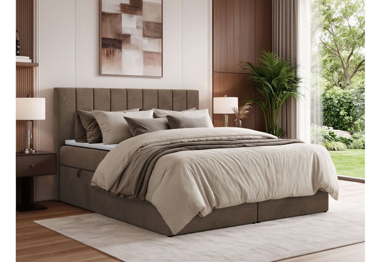 Łóżko kontynentalne ALVER 140x200 - H3 - brązowy, welwet - Topper T25