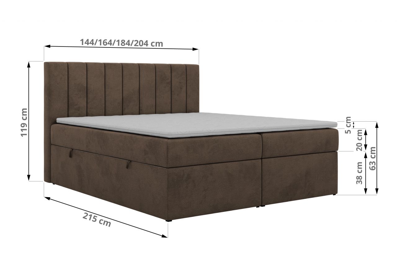 Łóżko kontynentalne ALVER 180x200 - H3 - brązowy, welwet - Topper T25