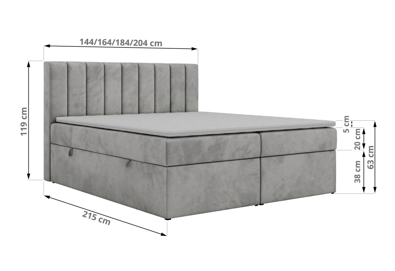 Łóżko kontynentalne ALVER 180x200 - H4 - jasnoszary, welwet - Topper T25