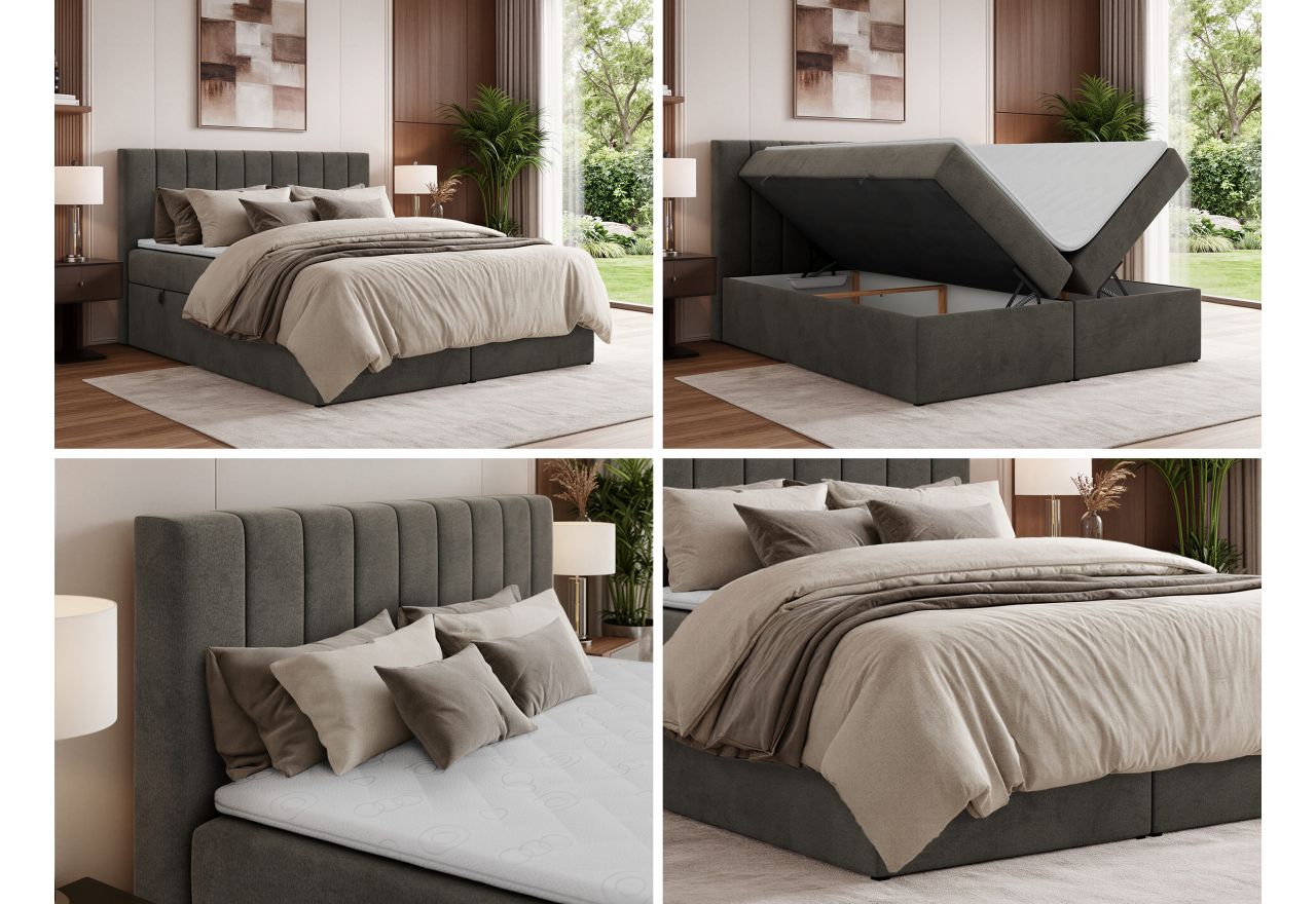 Łóżko kontynentalne ALVER 160x200 - H4 - ciemnoszary, welwet - Topper T25