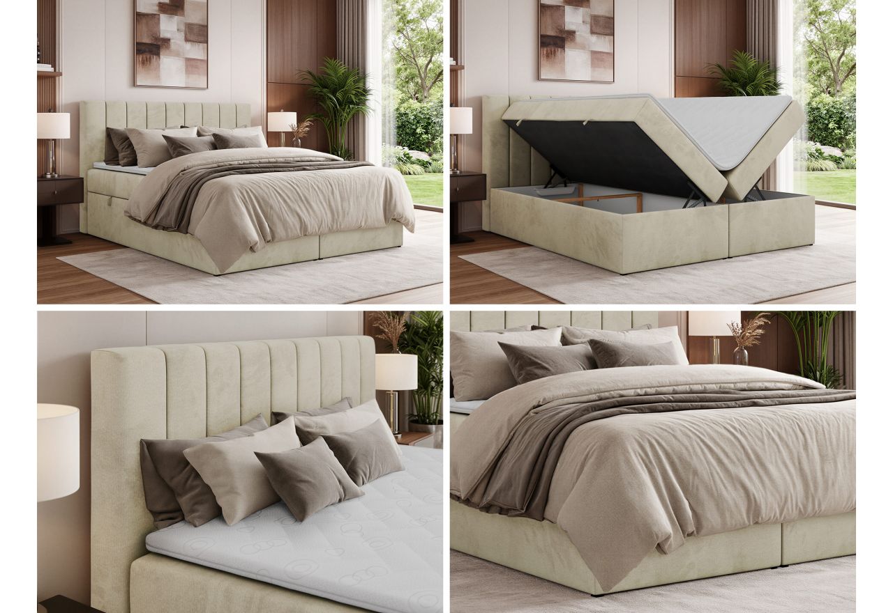 Łóżko kontynentalne ALVER 200x200 - H3 - beżowy, welwet - Topper Visco