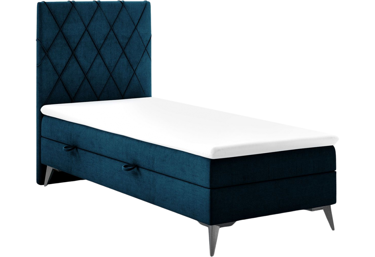 Granatowe łóżko kontynentalne jednoosobowe, MIRA 90x200 z metalowymi nogami i welurową tapicerką