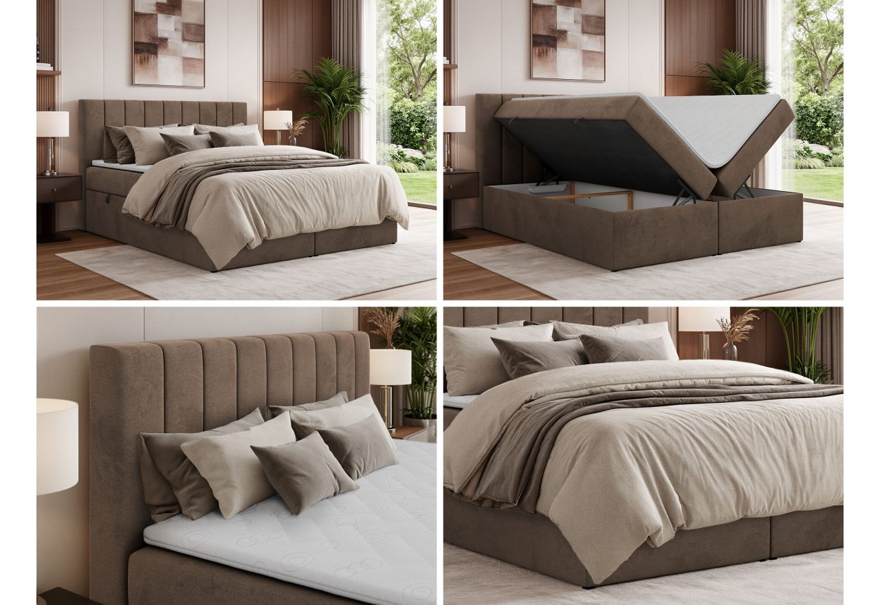 Łóżko kontynentalne ALVER 180x200 - H3 - brązowy, welwet - Topper Visco