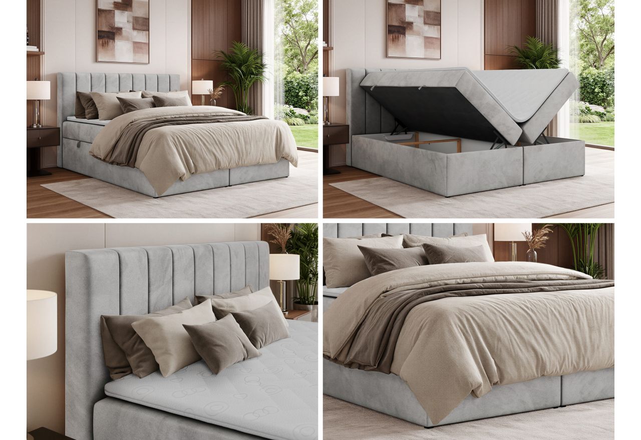 Łóżko kontynentalne ALVER 180x200 - H3 - jasnoszary, welwet - Topper Visco