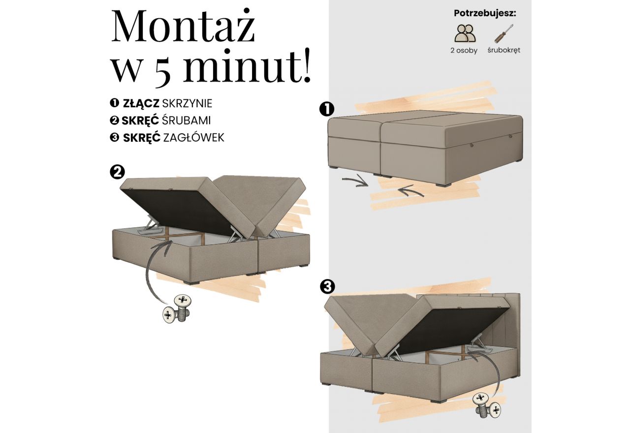 Łóżko kontynentalne ALVER 180x200 - H4 - jasnoszary, welwet - Topper Visco