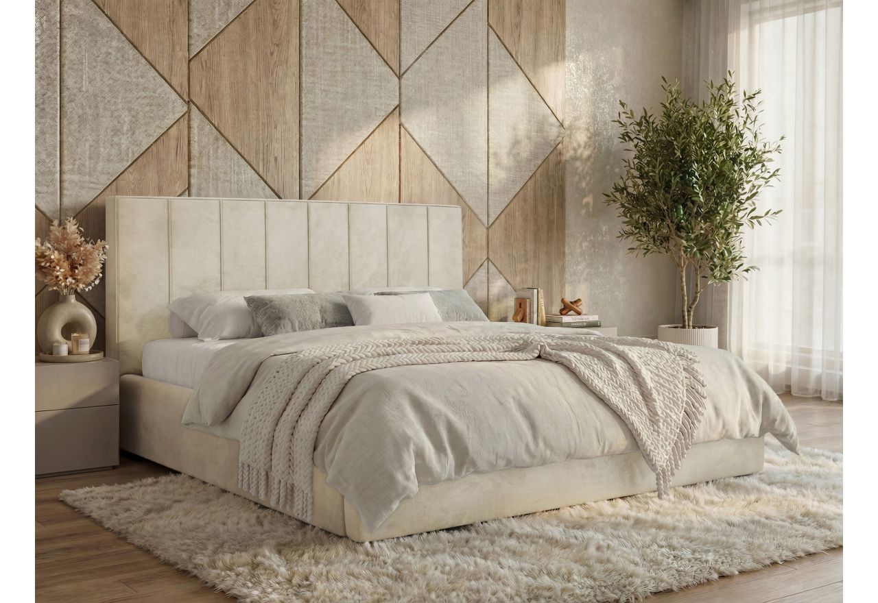 Łóżko tapicerowane TENARDO CLASSIC 180x200 - materac pocket - beżowy, welwet