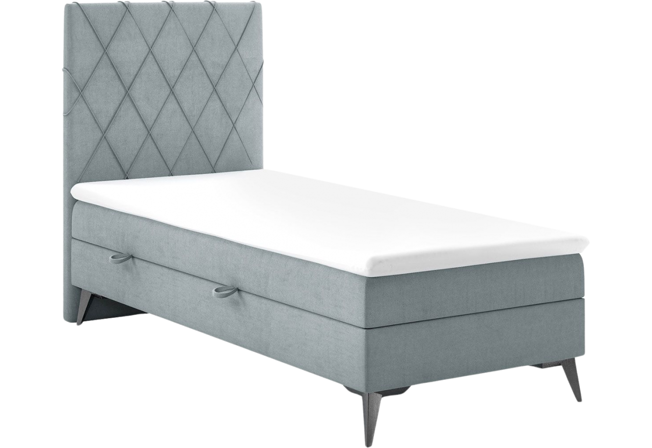 Łóżko kontynentalne MIRA 90x200 obite szarym welurem i postawione na estetycznych, wysokich, metalowych nóżkach