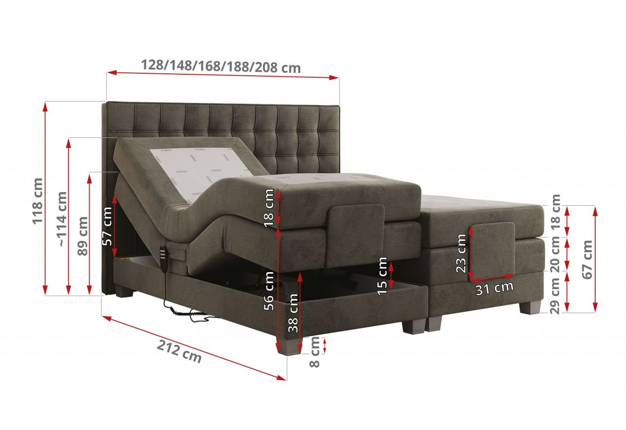 Łóżko kontynentalne, elektrycznie sterowane z pilota - ELECTRO 180x200 - Monolith 92 - ciemny szary - OUTLETU