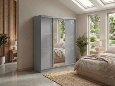 Szafa przesuwna WALENCJA 180 cm - szary z lustrem + 2 szuflady