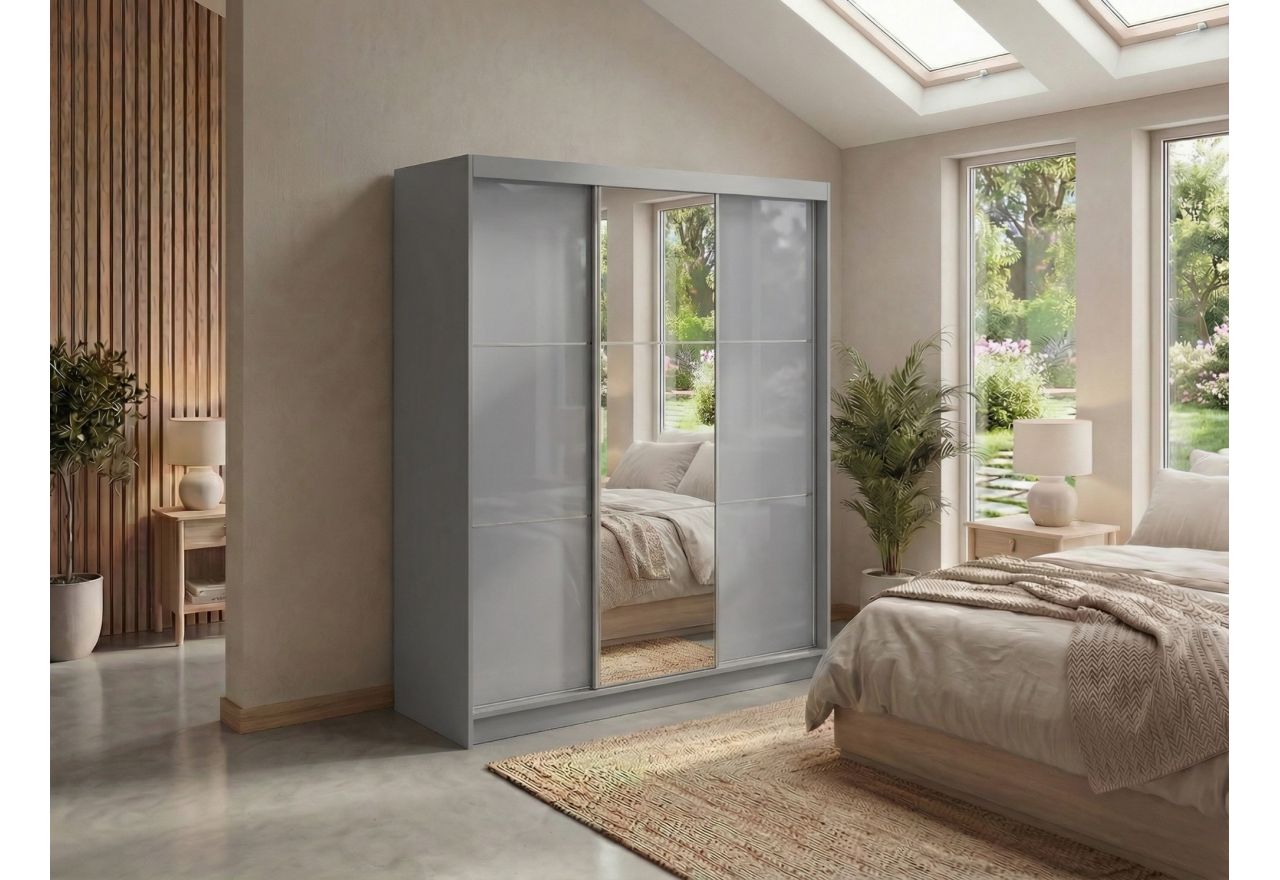 Szafa przesuwna WALENCJA 180 cm - szary z lustrem + 2 szuflady