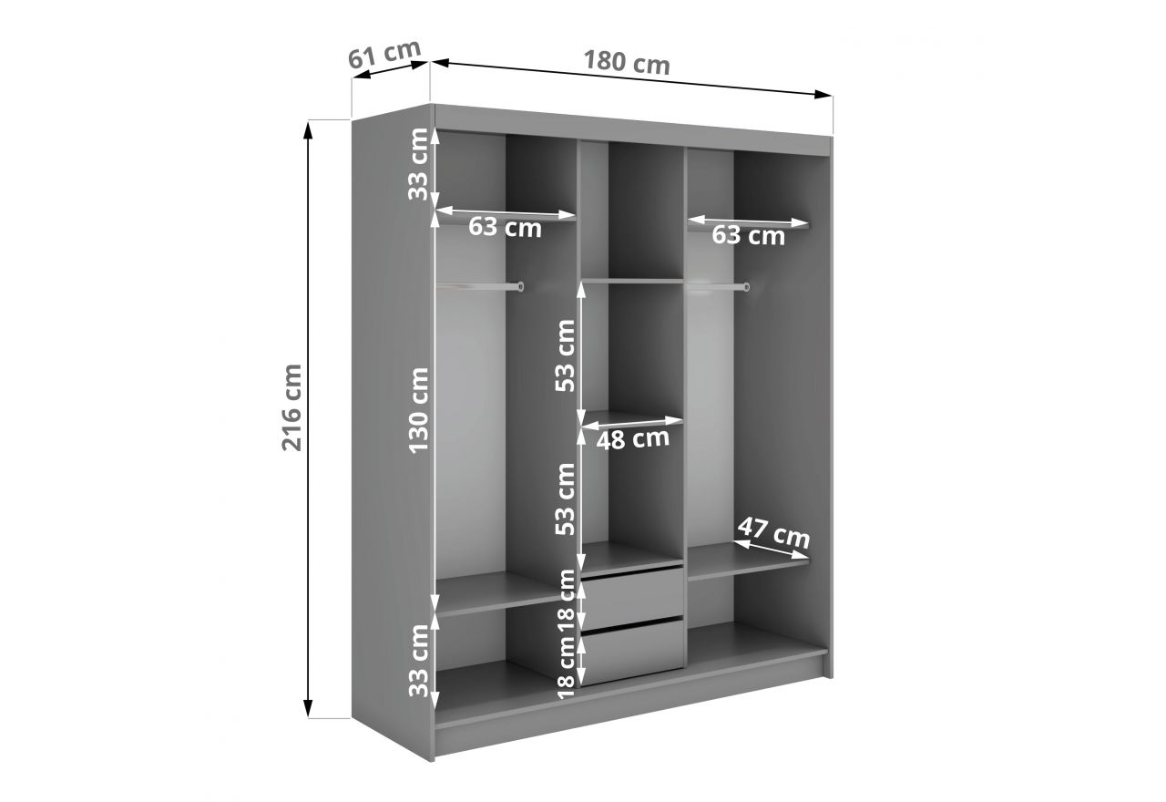 Szafa przesuwna WALENCJA 180 cm - szary z lustrem + 2 szuflady