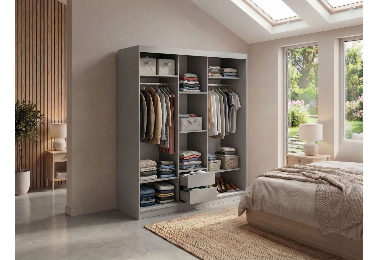 Szafa przesuwna WALENCJA 180 cm - szary z lustrem + 2 szuflady