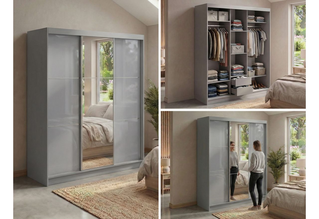 Szafa przesuwna WALENCJA 180 cm - szary z lustrem + 2 szuflady