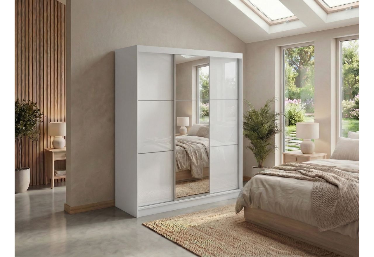 Szafa przesuwna WALENCJA 180 cm - biały z lustrem + 2 szuflady