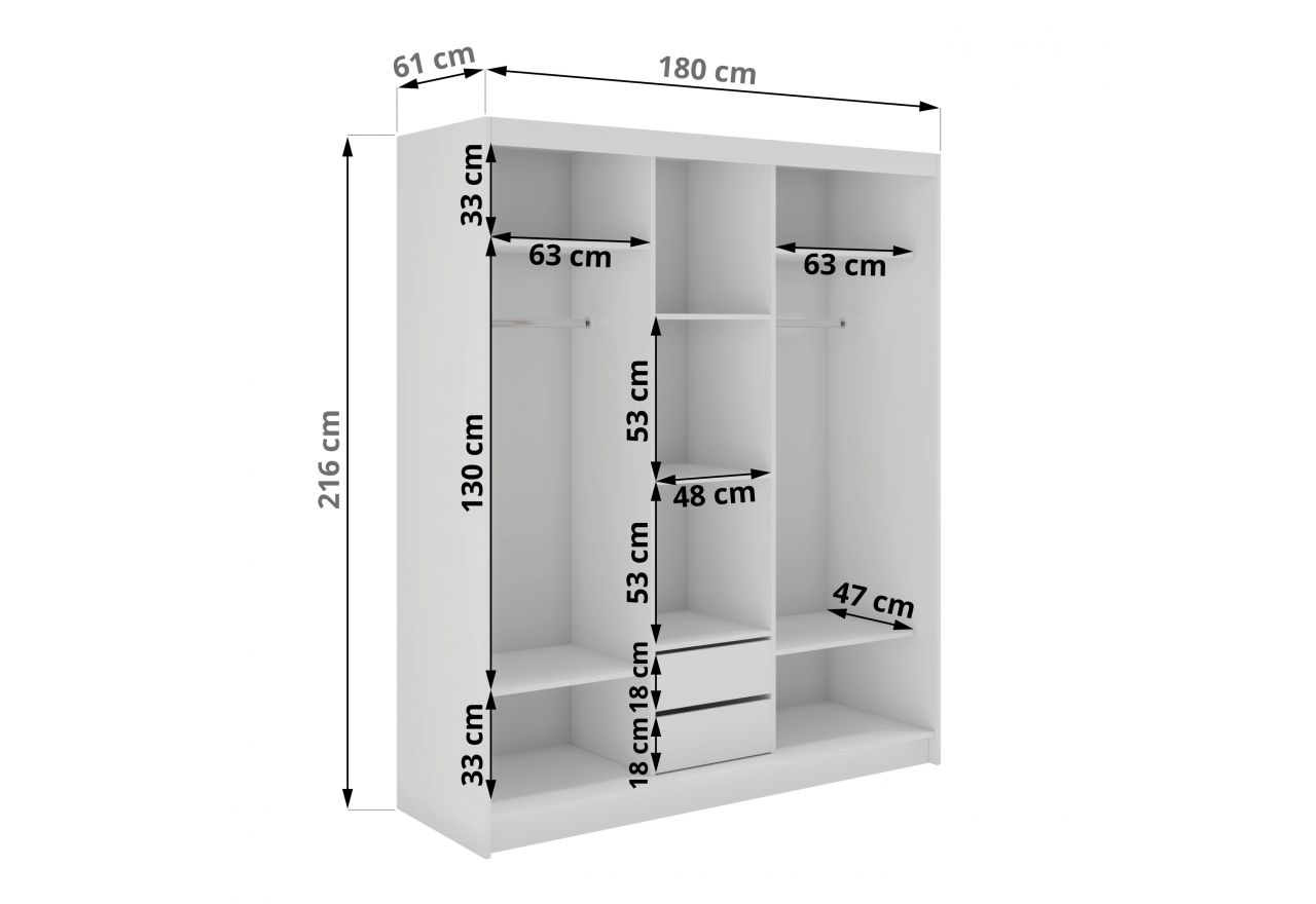 Szafa przesuwna WALENCJA 180 cm - biały z lustrem + 2 szuflady