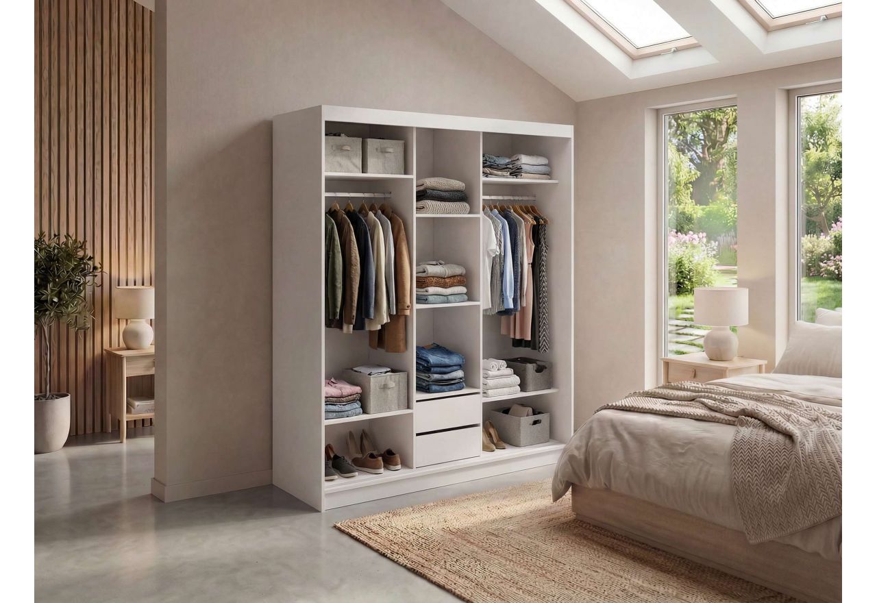 Szafa przesuwna WALENCJA 180 cm - biały z lustrem + 2 szuflady