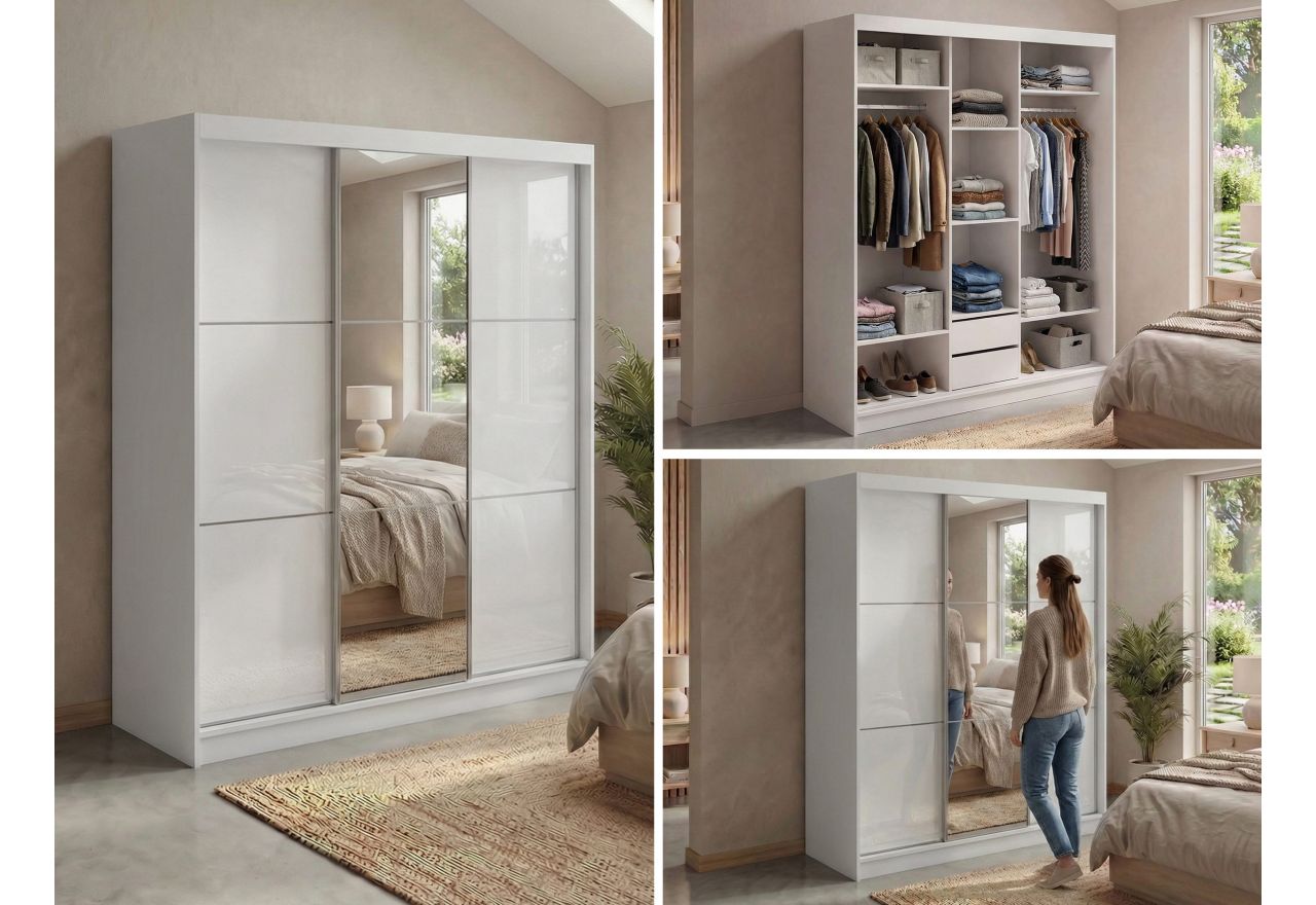 Szafa przesuwna WALENCJA 180 cm - biały z lustrem + 2 szuflady