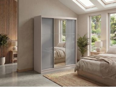 Szafa przesuwna WALENCJA 180 cm - kaszmir/szary z lustrem + 2 szuflady