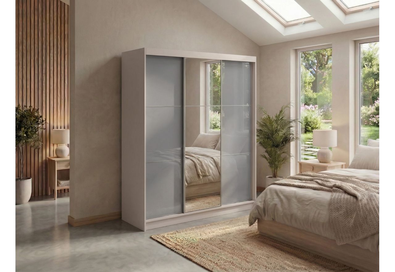 Szafa przesuwna WALENCJA 180 cm - kaszmir/szary z lustrem + 2 szuflady