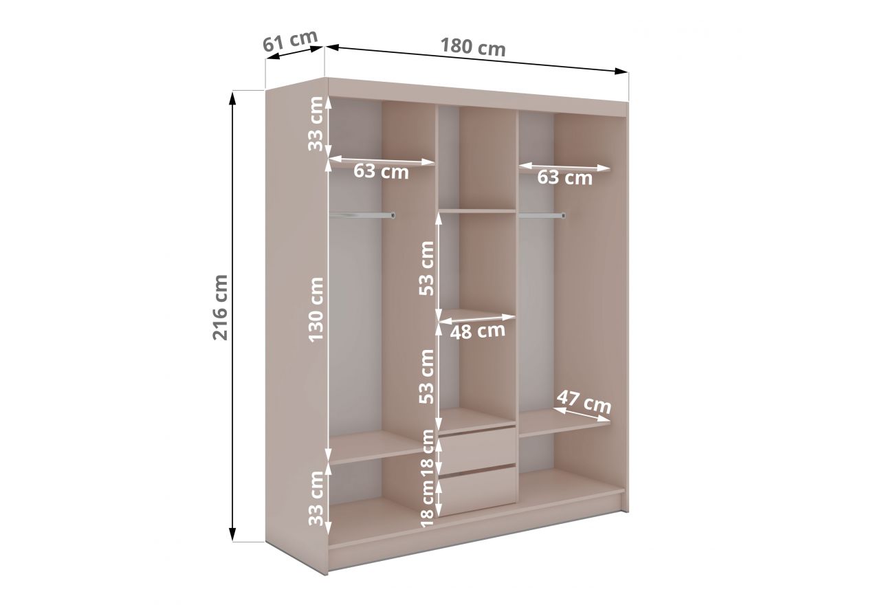 Szafa przesuwna WALENCJA 180 cm - kaszmir/szary z lustrem + 2 szuflady
