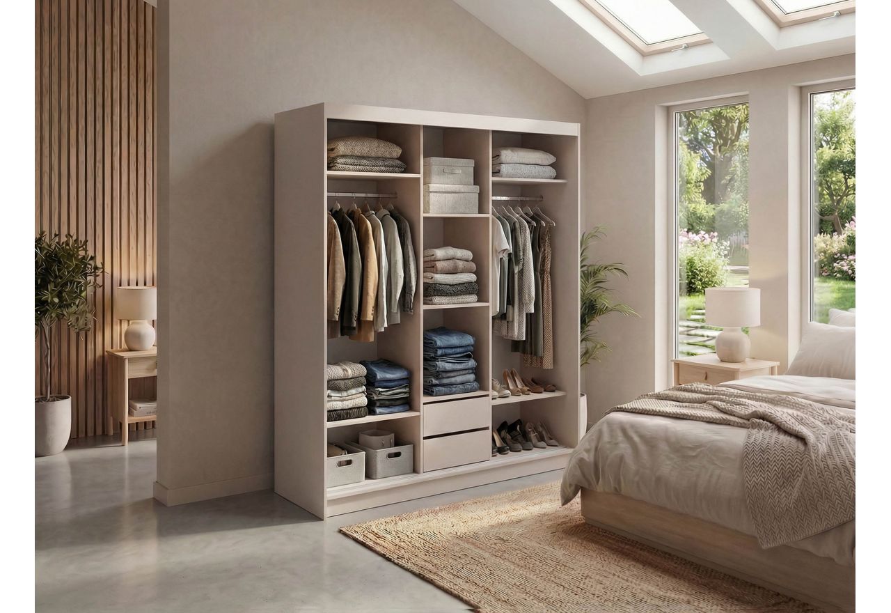 Szafa przesuwna WALENCJA 180 cm - kaszmir/szary z lustrem + 2 szuflady