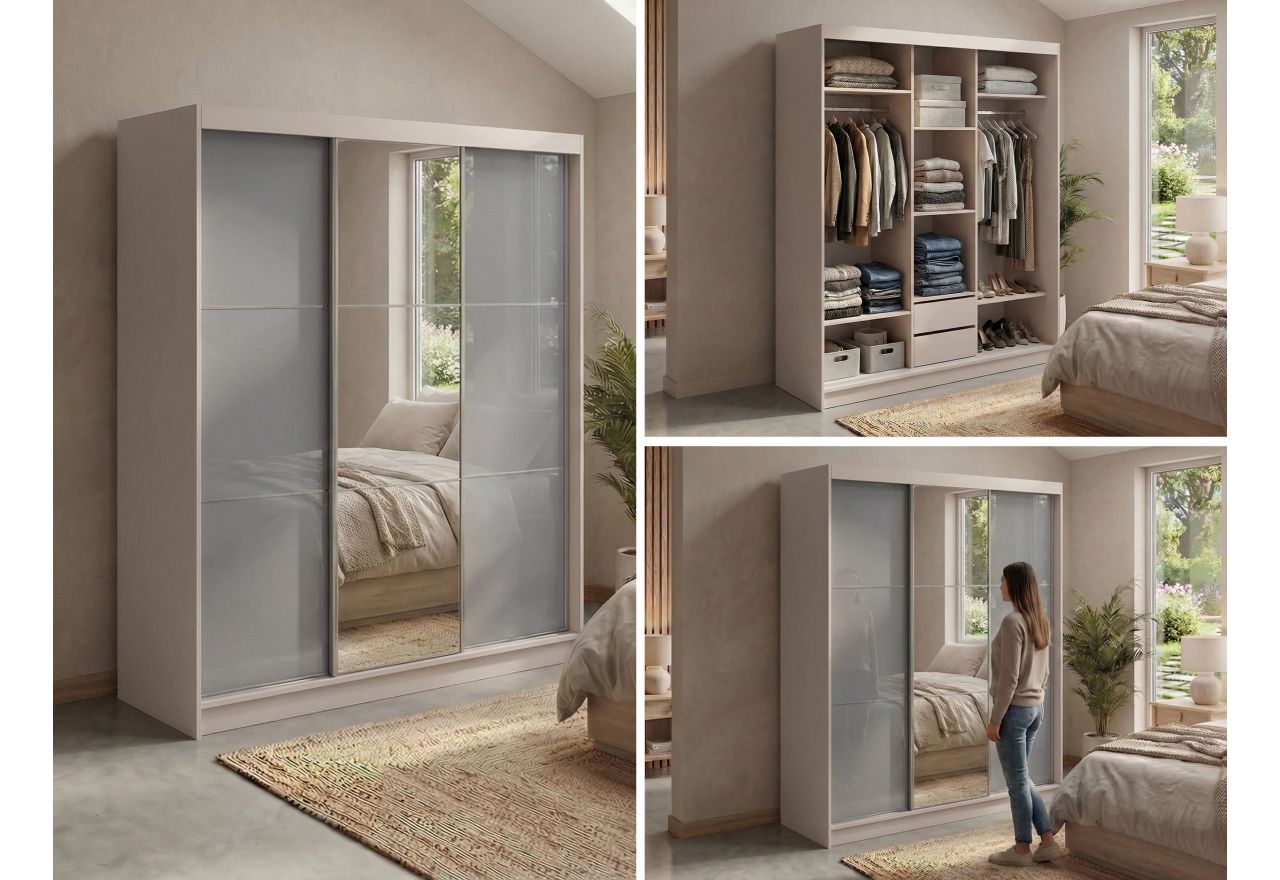 Szafa przesuwna WALENCJA 180 cm - kaszmir/szary z lustrem + 2 szuflady