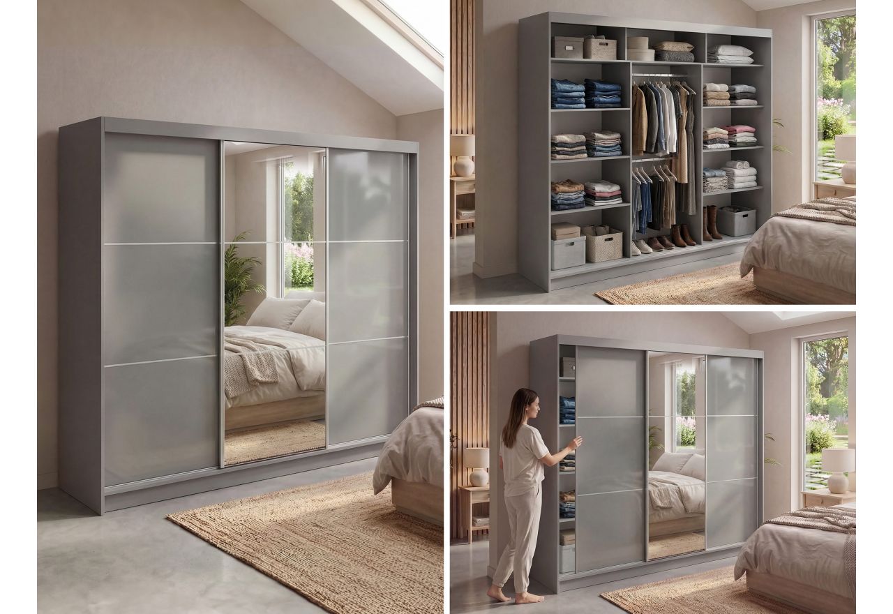 Szafa przesuwna WALENCJA 240 cm - szary z lustrem