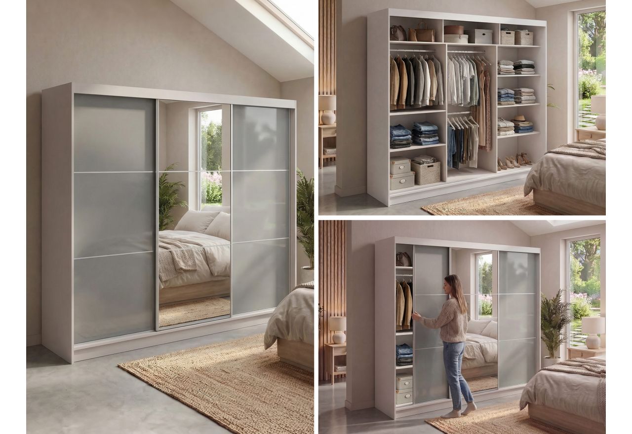 Szafa przesuwna WALENCJA 240 cm - kaszmir/szary z lustrem