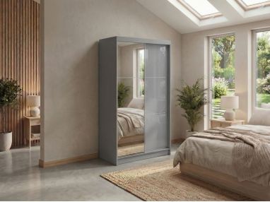 Szafa przesuwna WALENCJA 120 cm - szary z lustrem  +  2 szuflady