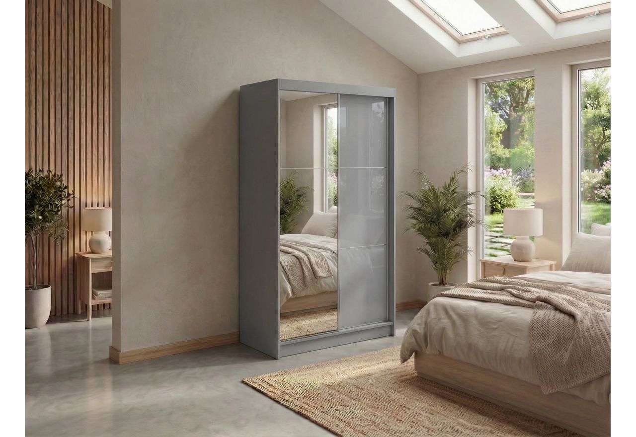 Szafa przesuwna WALENCJA 120 cm - szary z lustrem  +  2 szuflady