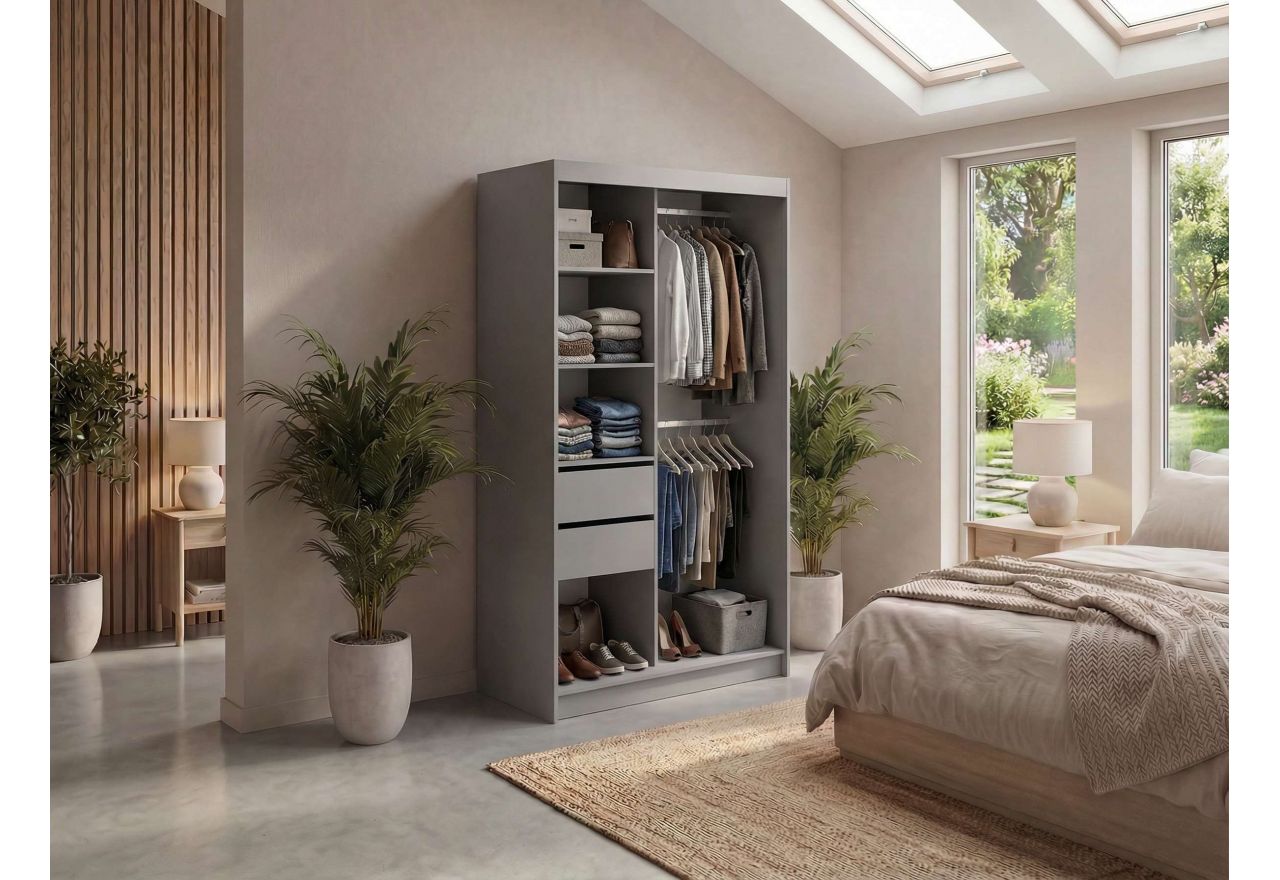 Szafa przesuwna WALENCJA 120 cm - szary z lustrem  +  2 szuflady