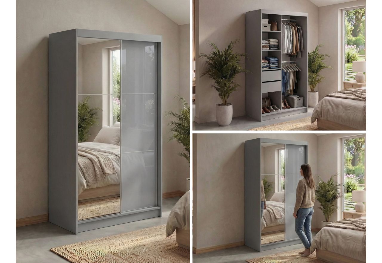 Szafa przesuwna WALENCJA 120 cm - szary z lustrem  +  2 szuflady