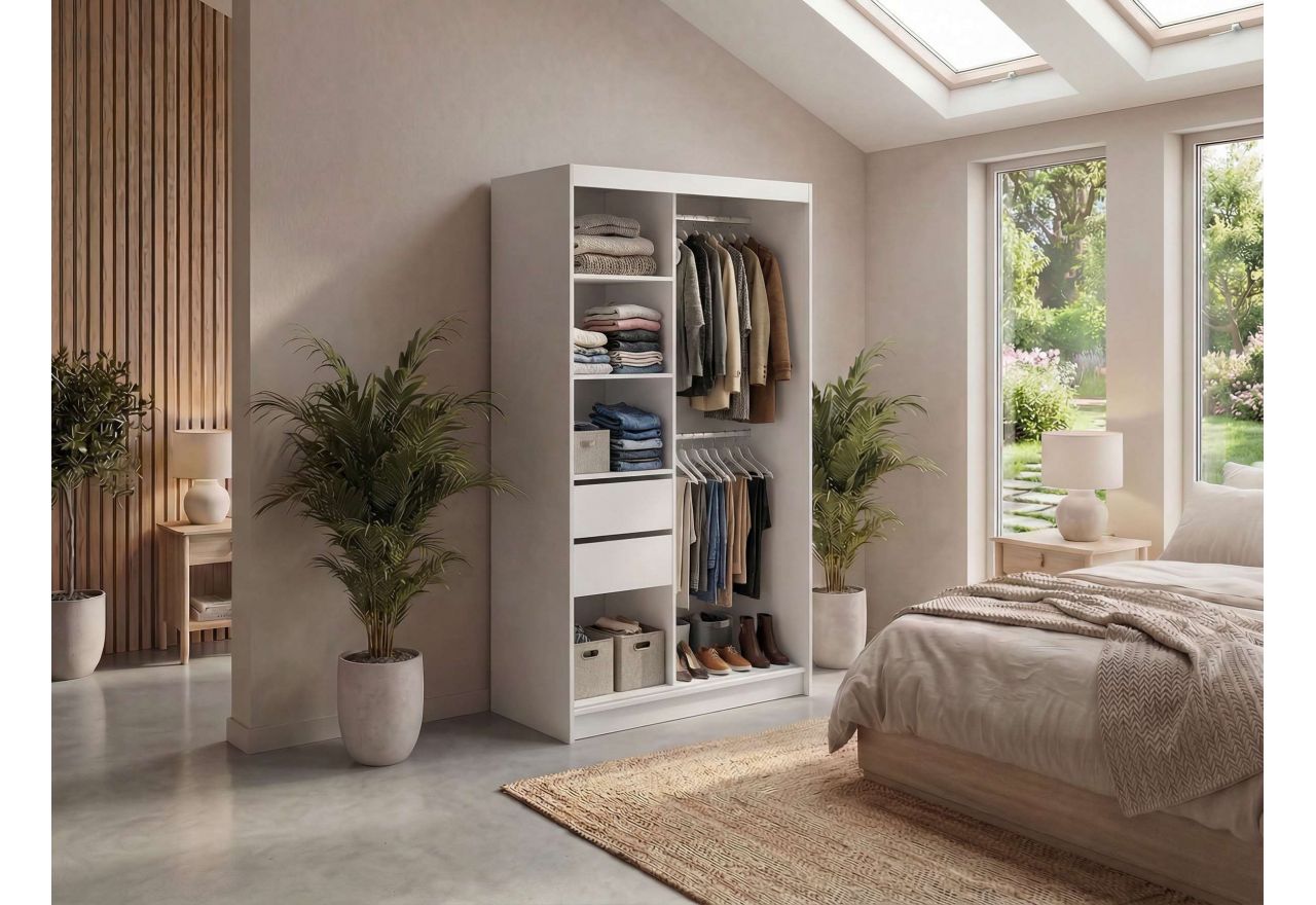 Szafa przesuwna WALENCJA 120 cm - biały z lustrem  +  2 szuflady