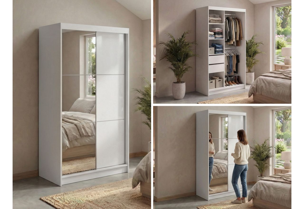 Szafa przesuwna WALENCJA 120 cm - biały z lustrem  +  2 szuflady