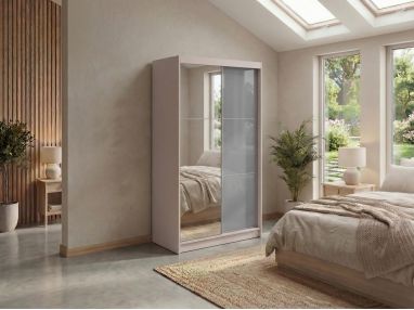 Szafa przesuwna WALENCJA 120 cm - kaszmir/szary z lustrem  +  2 szuflady