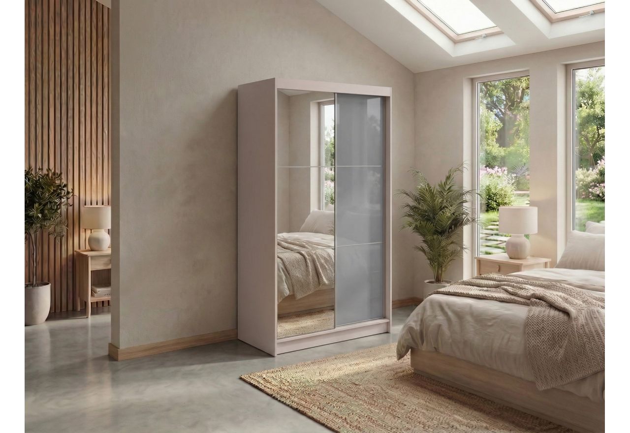 Szafa przesuwna WALENCJA 120 cm - kaszmir/szary z lustrem  +  2 szuflady