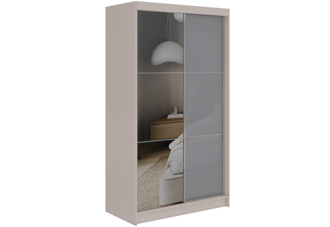 Szafa przesuwna WALENCJA 120 cm - kaszmir/szary z lustrem  +  2 szuflady