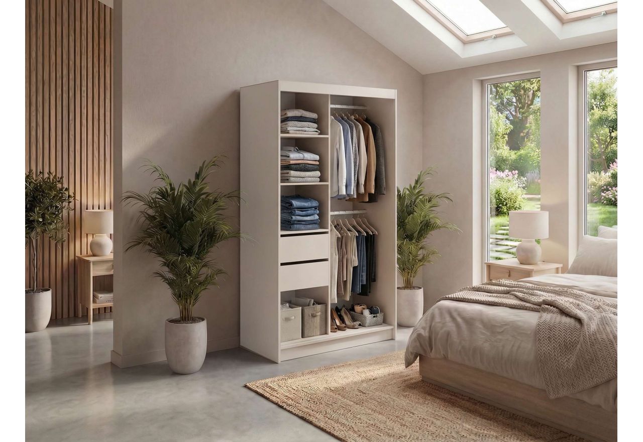 Szafa przesuwna WALENCJA 120 cm - kaszmir/szary z lustrem  +  2 szuflady