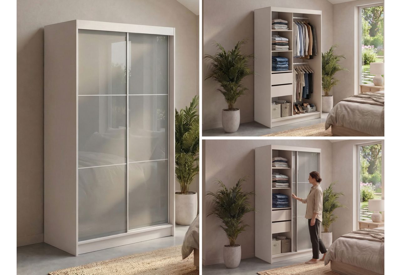 Szafa przesuwna WALENCJA 120 cm - kaszmir/szary z lustrem  +  2 szuflady