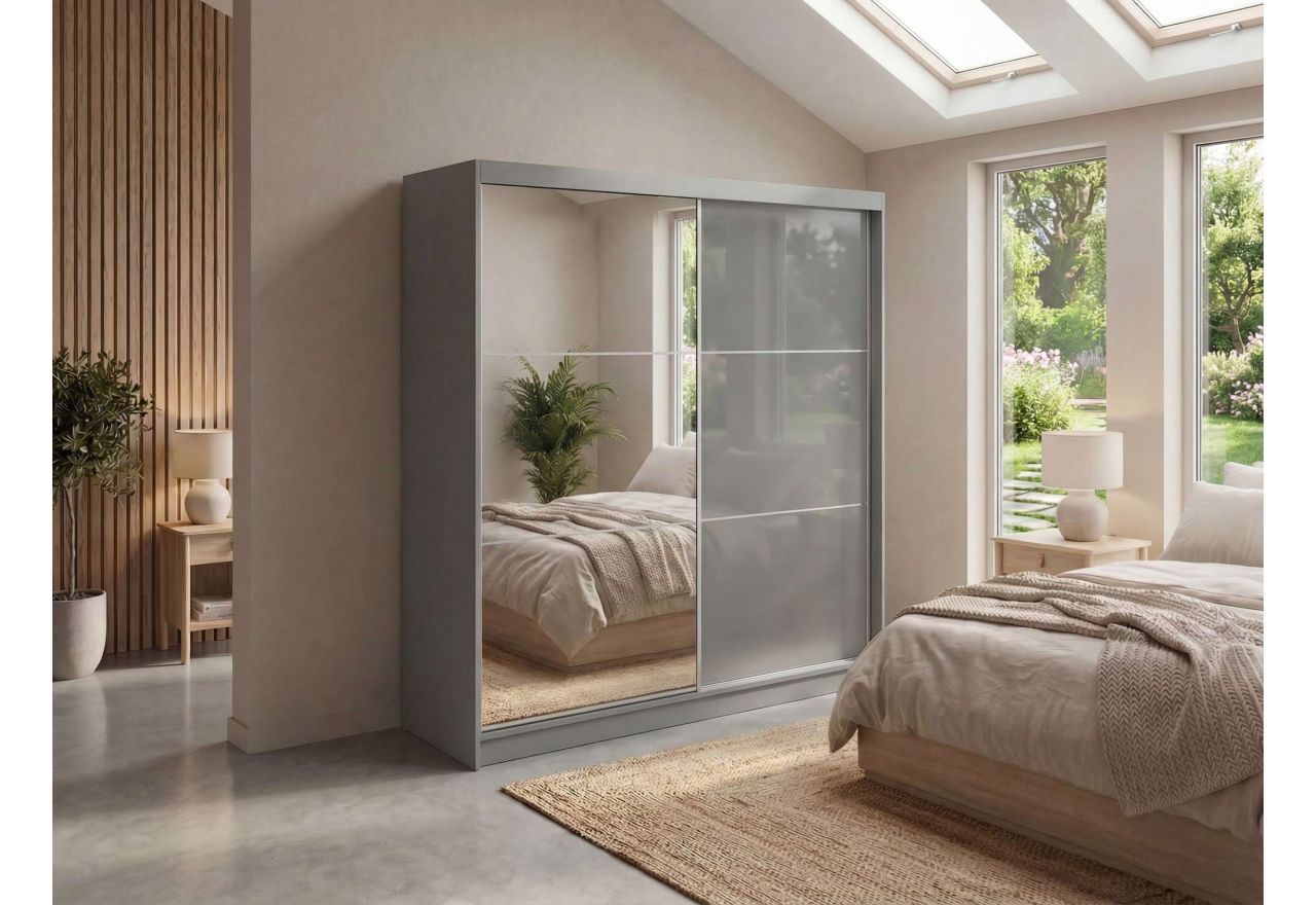 Szafa przesuwna WALENCJA 200 cm - szary z lustrem +  4 szuflady