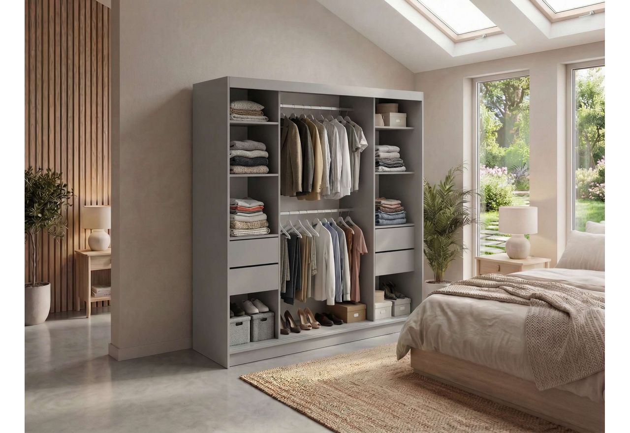 Szafa przesuwna WALENCJA 200 cm - szary z lustrem +  4 szuflady